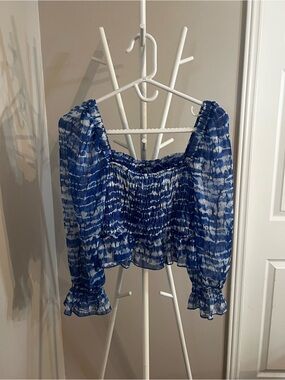 Zara Blue and White Puff Sleeve Blouse